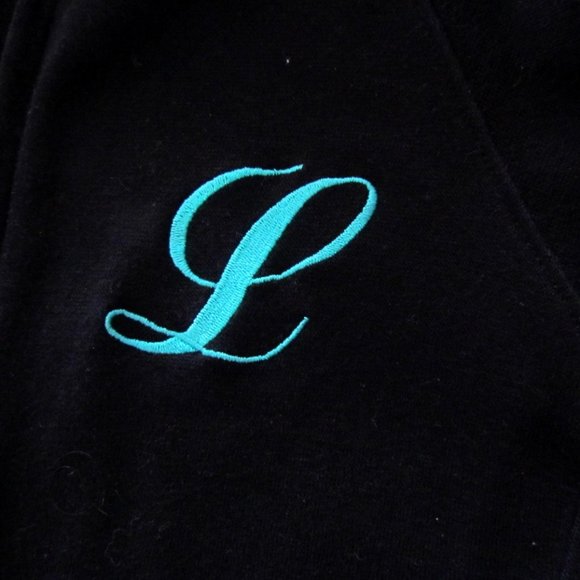 ZIP HOODIE w POCKET, M, INITIAL "L" TURQUOISE on BLACK COTTON BLEND ONE STEP UP - Picture 2 of 6